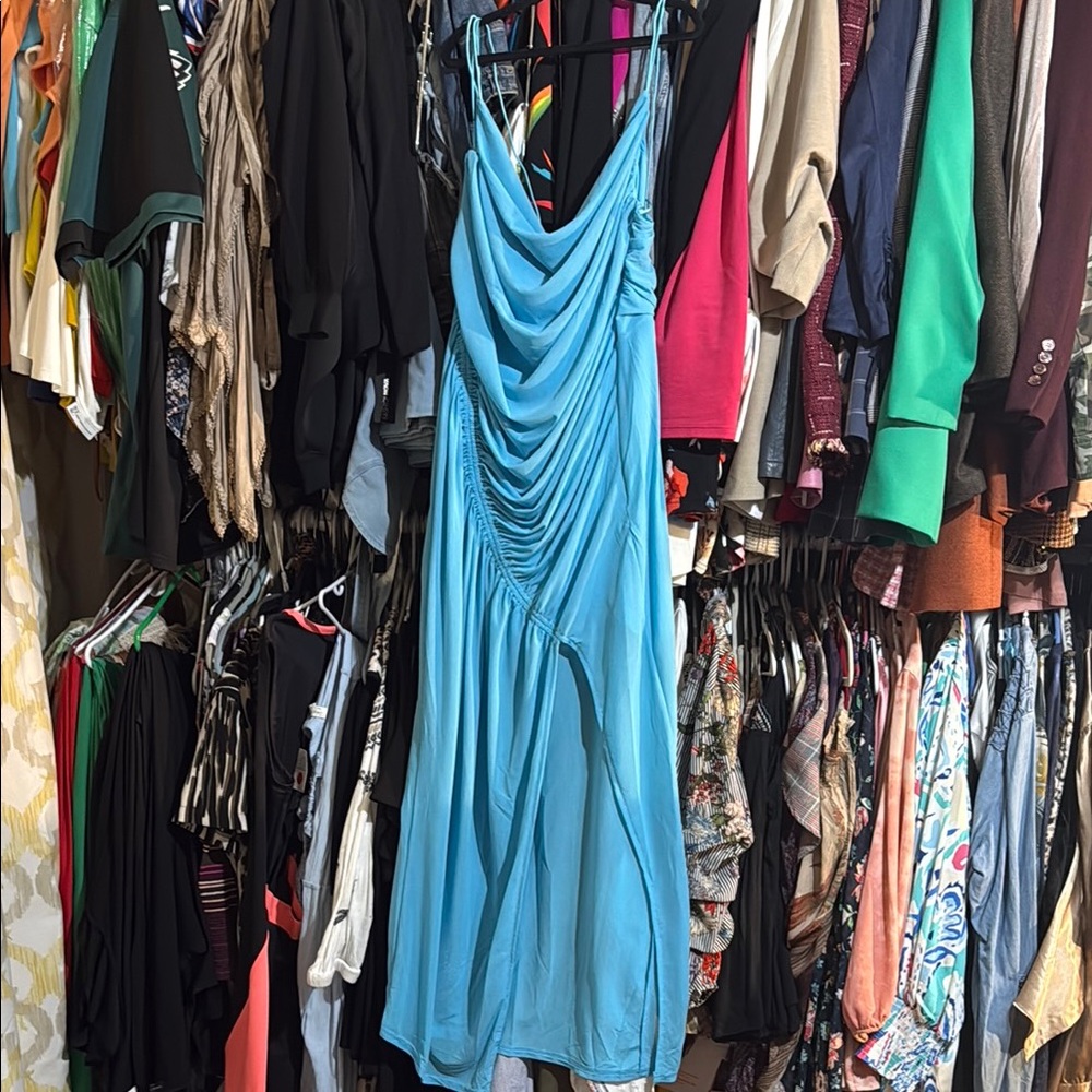 Elegant  Turquoise Blue Draped Dress